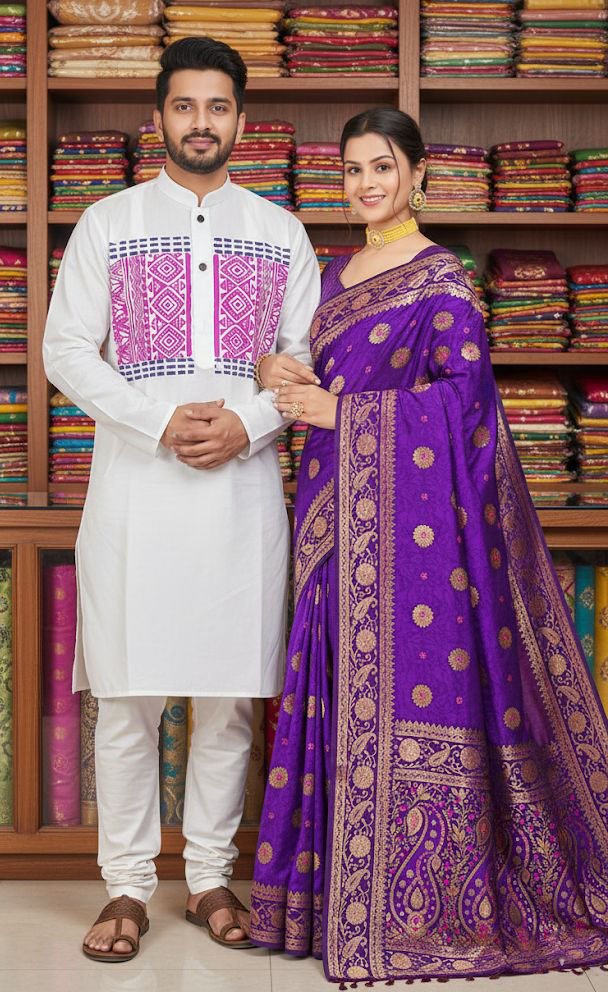 কাপল ড্রেস কালেকশন চান্দুরি সিল্ক শাড়ি ও ধুপিয়ান পাঞ্জাবি